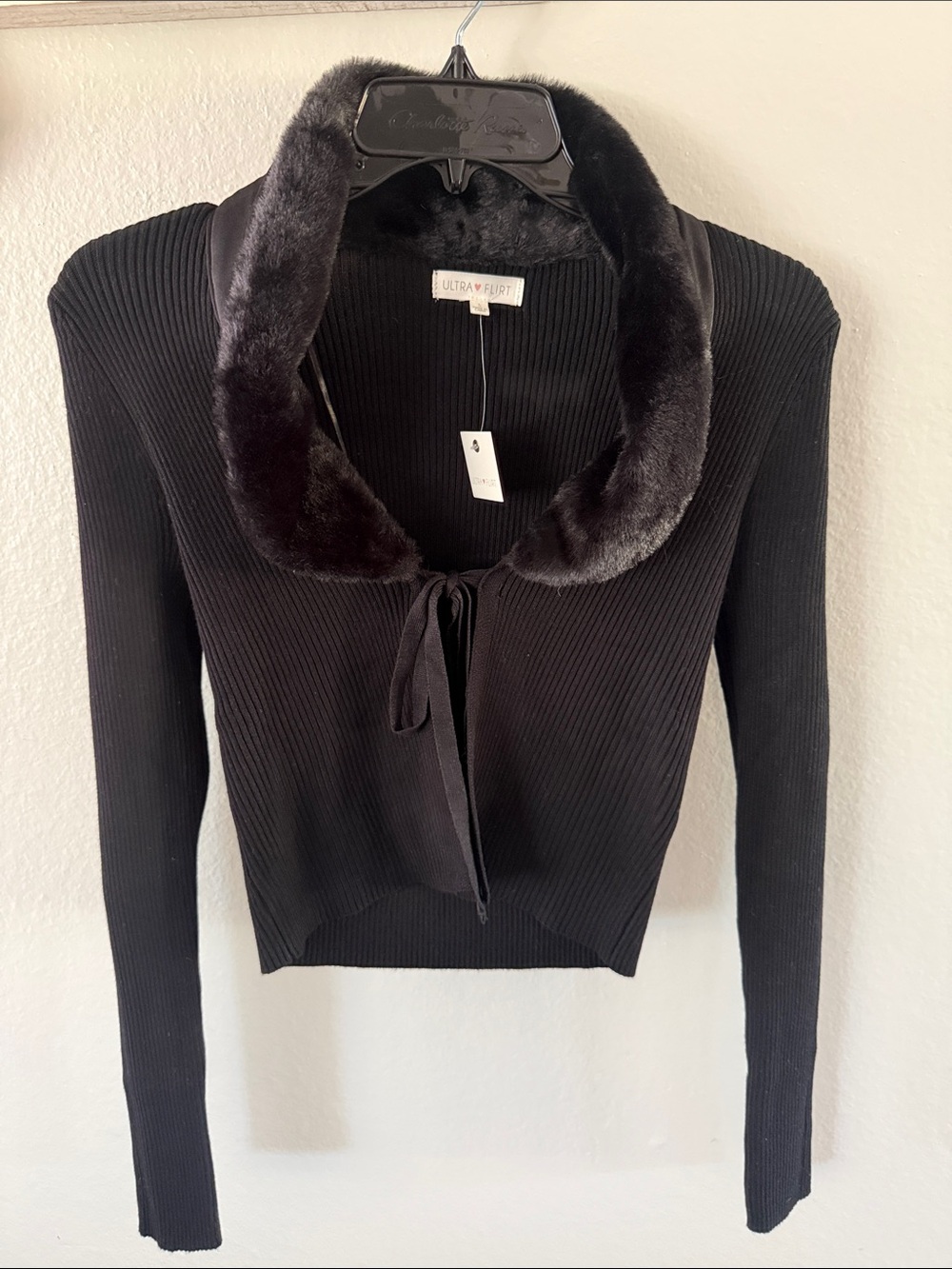 Ultra Flirt Black Ribbed Tie-Front Sweater with Faux-Fur Collar